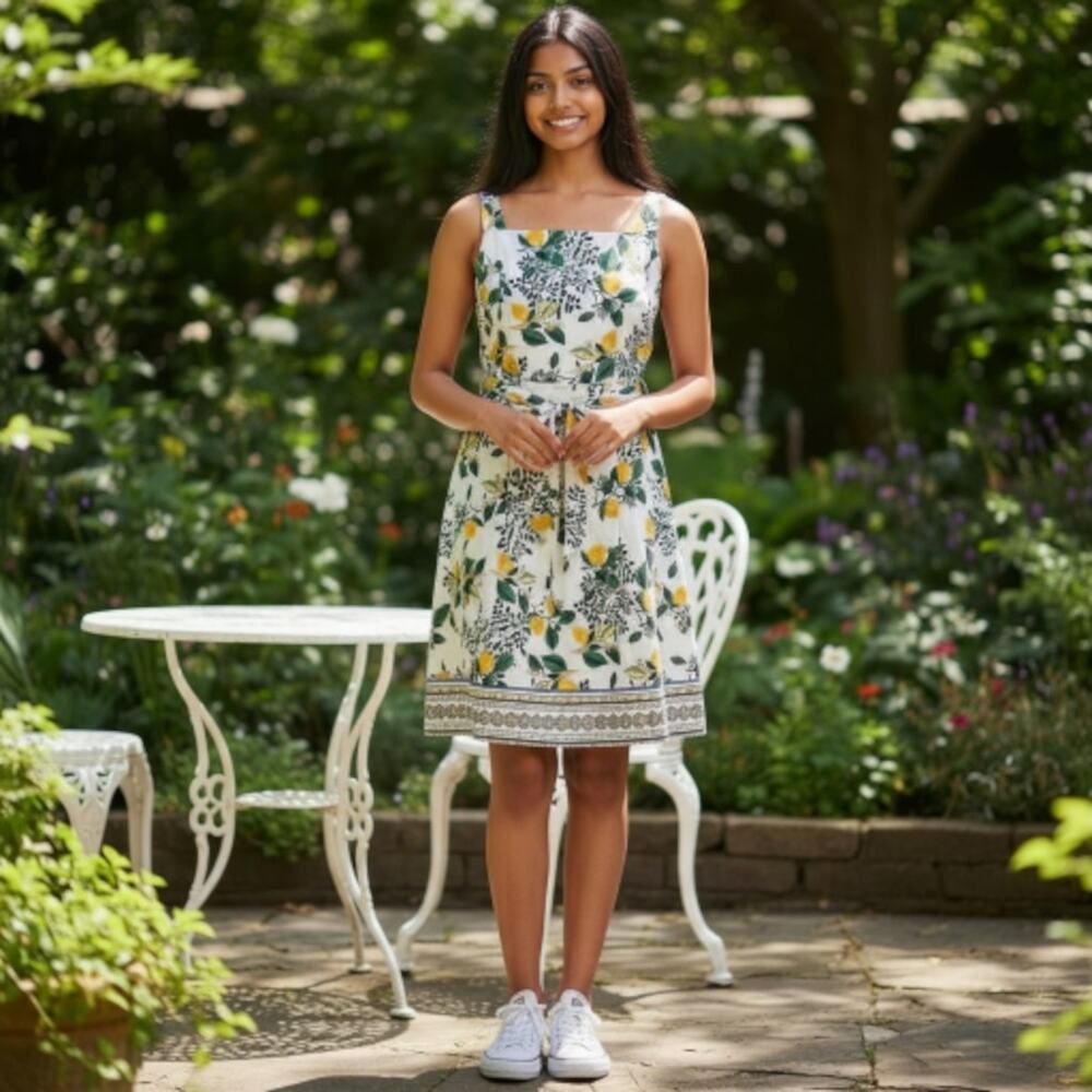 Roz & Ali Mediterranean Lemon Print Fit & Flare Summer Mini Dress NWT, Size 8